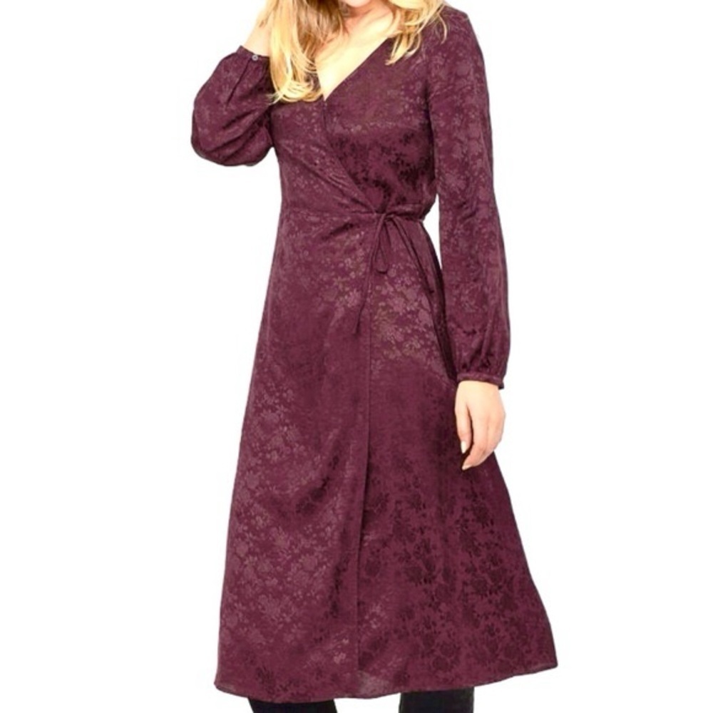 H&M Burgundy Floral Jacquard Wrap Midi Dress Women’s Size 6 Long Sleeve
